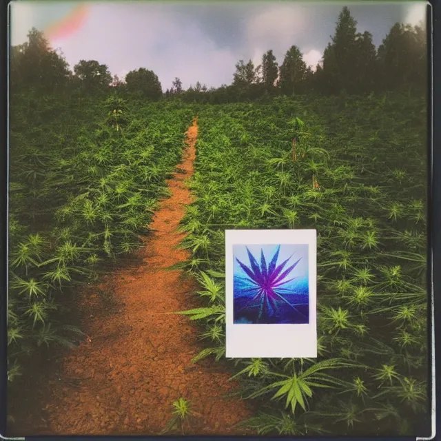 Prompt: very beautiful polaroid photo of a cannabis field by a stream on a clear day with a rainbow