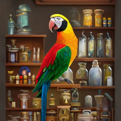 Image similar to Anthropomorphized parrot trader in his shop, portrait, items, weapons, magic potions, trinkets, carpet, lamps, window, fancy hat, sly expression, cunning expression, cute expression, long thick shiny black beak, D&D, fantasy, cinematic lighting, highly detailed, digital painting, artstation, concept art, smooth, sharp focus, illustration, warm light, cozy warm tint, magic the gathering artwork, volumetric lighting, 8k, art by Greg Rutkowski