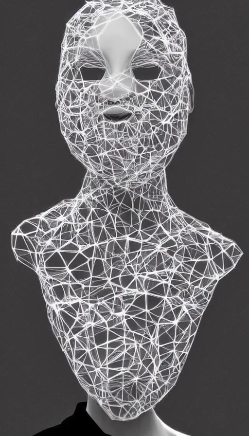 Image similar to a one woman with a futuristic mask on her face, a surrealist sculpture by alexander mcqueen, trending on pinterest, plasticien, biomorphic, made of plastic, a computer rendering by bedwyr williams, featured on zbrush central, holography, multiple exposure, glitch art, glitchy