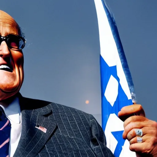 Prompt: a closeup of Rudy Giuliani waving an Israeli flag while laughing hysterically on top of the world trade center rubble pile in new york