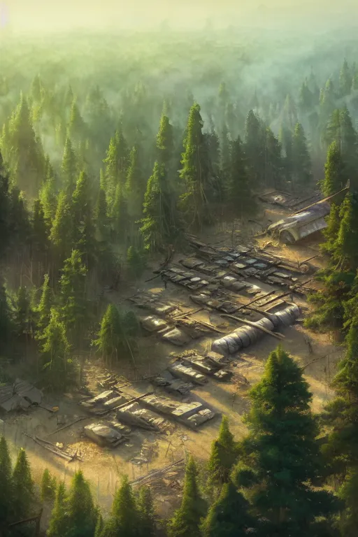 Image similar to a highly detailed matte painting of a post - apocalyptic military encampment in the forest aerial view, by studio ghibli, makoto shinkai, by artgerm, by wlop, by greg rutkowski, volumetric lighting, octane render, 4 k resolution, trending on artstation, masterpiece