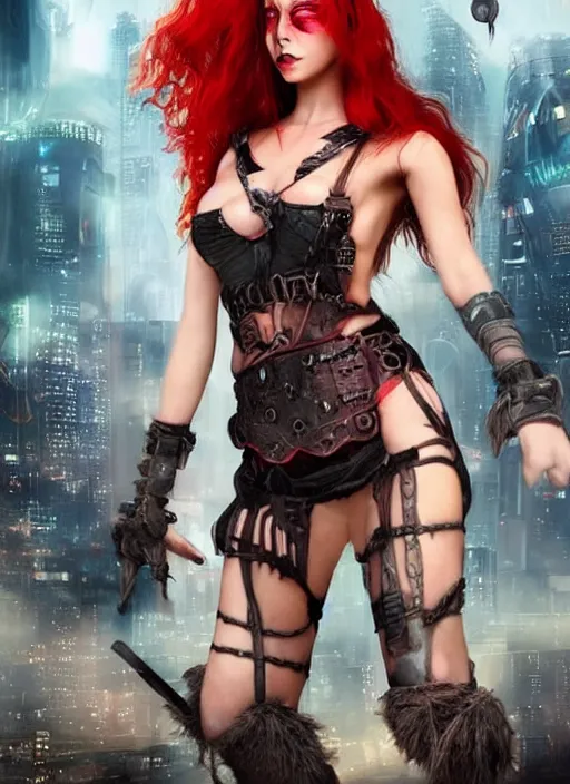 Prompt: Warrior woman, witch, beautiful and sexy, with long red hair, her face scarred, her body wired, in front of the city cyber punk