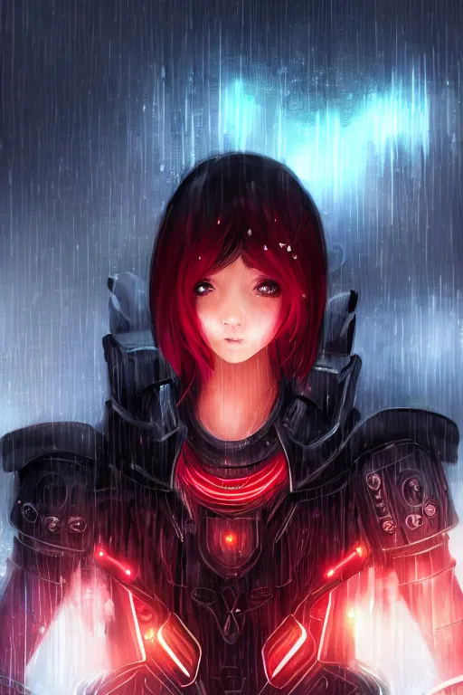 Image similar to portrait of evilly and strong stunning futuristic knights of Zodiac girl, black and red copper armor, in futuristic heavily raindrop tokyo rooftop cyberpunk night, ssci-fi, fantasy, intricate, very very beautiful, elegant, neon light, highly detailed, digital painting, artstation, concept art, human anatomy, soft light, hdri, smooth, sharp focus, illustration, art by tian zi and craig mullins and WLOP and alphonse mucha