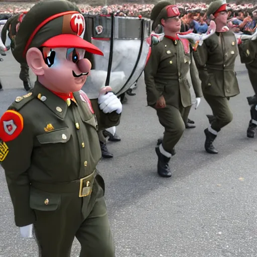 Image similar to mario as prison camp guard marching, wwii, officers uniform, cartoon style