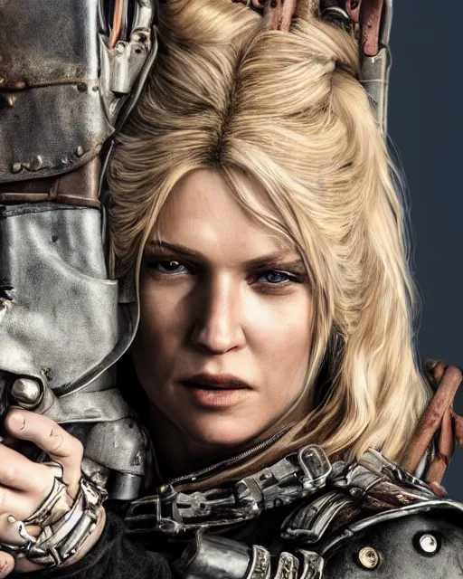 Prompt: highly detailed full body character portrait of a female blonde mad max road warrior with auto parts attached to her leather costume, concept painting with detailed face by J. C. Leyendecker and Edmund Blair and Yuriy Mazurkin and Eppo Doeve, octane render, 8k, high quality, award winning masterpiece, HDR,