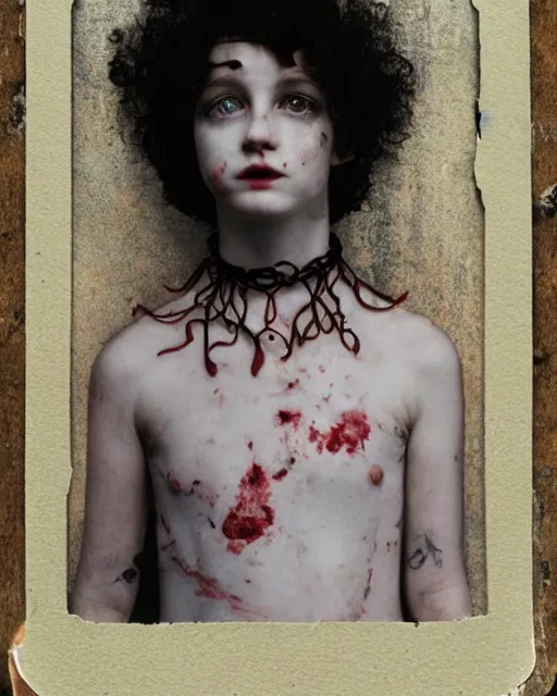 Prompt: an instant photo of beautiful but creepy, doorstep siblings in layers of fear, with haunted eyes and curly hair, wearing a vivienne westwood choker, 1 9 7 0 s, seventies, wallpaper, woodland, a little blood, moonlight showing injuries, delicate embellishments, painterly, offset printing technique, by mary jane ansell