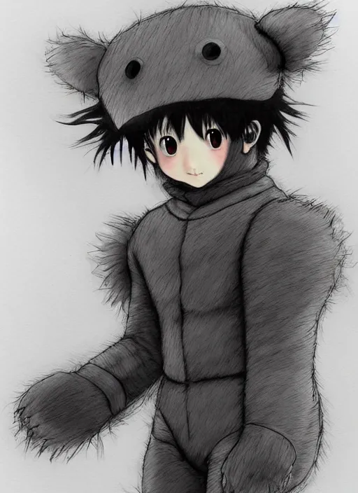 Image similar to beautiful little boy wearing an cyborg bear suit, artwork in kentaro miura and made in abyss and rosdraws, smooth, beautiful lightness, anatomically correct, trending on pixiv