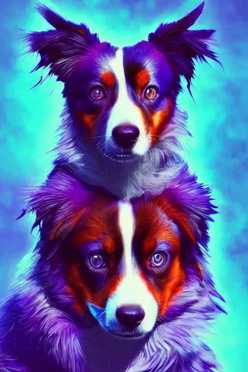 Image similar to a beautiful portrait of a cute cyberpunk red tri australian shepard by greg rutkowski and wlop and sandra chevrier, purple blue color scheme, high key lighting, volumetric light, digital art, highly detailed, fine detail, intricate, ornate, complex, octane render, unreal engine, photorealistic