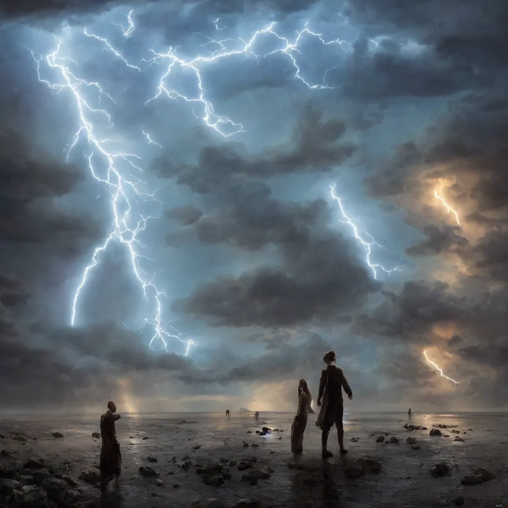 Prompt: huge towering magical lightning storm, extreme drama, distant glowing figures, hdr, movie still, fully photorealistic, sharp luminescent focus, nd 6, art by john collier, albert aublet, krenz cushart, artem demura, alphonse mucha, diffuse lighting, artstation, smooth, textless, sharp focus,