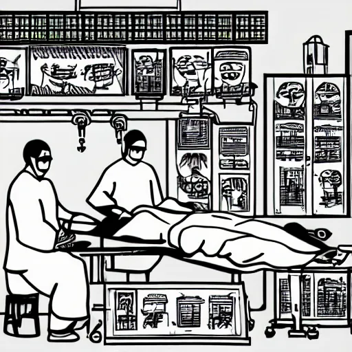 Prompt: chinese surgeons operating on a body on an operating table, in the style of daniel johnston and outsider art and spirited away, 8k, line brush, minimal, overlaid with chinese adverts