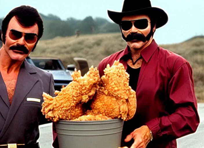 Image similar to film still of burt reynolds holding a bucket of fried chicken in cannonball run 1 9 8 2