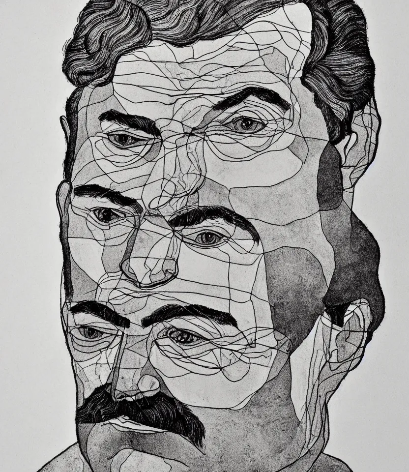 Image similar to detailed line art portrait of ernest hemingway, inspired by egon schiele. caricatural, minimalist, bold contour lines, musicality, soft twirls curls and curves, confident personality, raw emotion