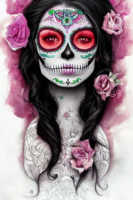 Prompt: Illustration of a sugar skull day of the dead girl, art by charlie bowater