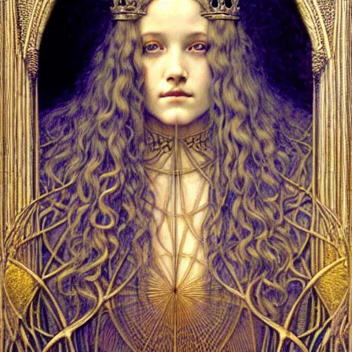 Image similar to detailed realistic beautiful young medieval queen face portrait by jean delville, gustave dore and marco mazzoni, art nouveau, symbolist, visionary, gothic, pre - raphaelite. horizontal symmetry