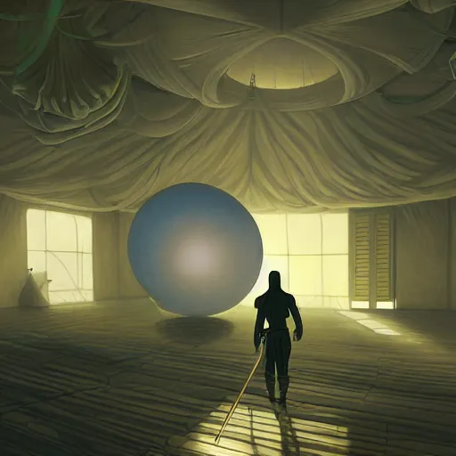 Prompt: digital painting of a ninja in a room made of baloons , concept art, by Ralph mcquarrie, sunlight pouring through window, huge scale, high detail, futuristic, godrays, volumetric lighting, warm lighting