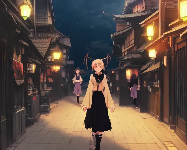 Image similar to key anime visual portrait of a young female witch walking through a busy village, ilya kuvshinov, dynamic pose, dynamic perspective, cinematic, dramatic lighting, muted colors, detailed silhouette, textured, anime proportions, kyoto animation, haibane renmei