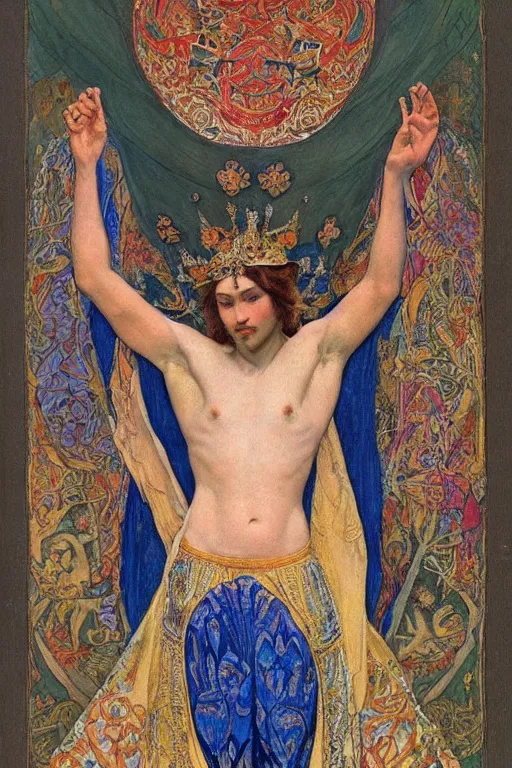 Image similar to coronation of the flower prince, by Annie Swynnerton and Nicholas Roerich, embroidered brocade, tattoos, elaborate costume, geometric ornament, symbolist, rich colors, dramatic lighting, smooth, sharp focus, extremely detailed