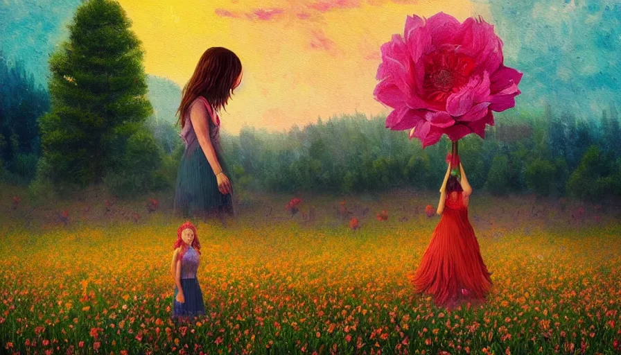 Image similar to girl with a giant flower as a face, surreal photography, dream, standing in flower field, hills, big trees, sunrise dramatic light, impressionist painting, colorful clouds, digital painting, pointillism, artstation, simon stalenhag, flower face