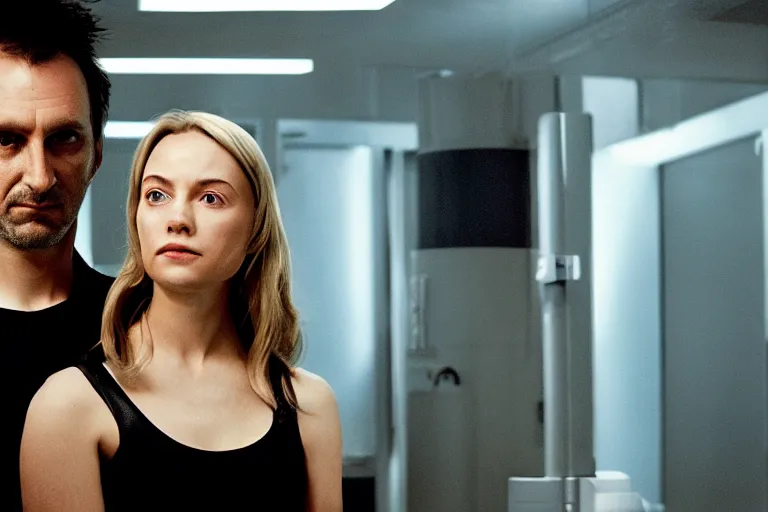 Image similar to movie closeup polar opposites, couple, researchers in a futuristic weapons lab, beautiful skin, Symmetrical faces. Beautiful lighting by Emmanuel Lubezki