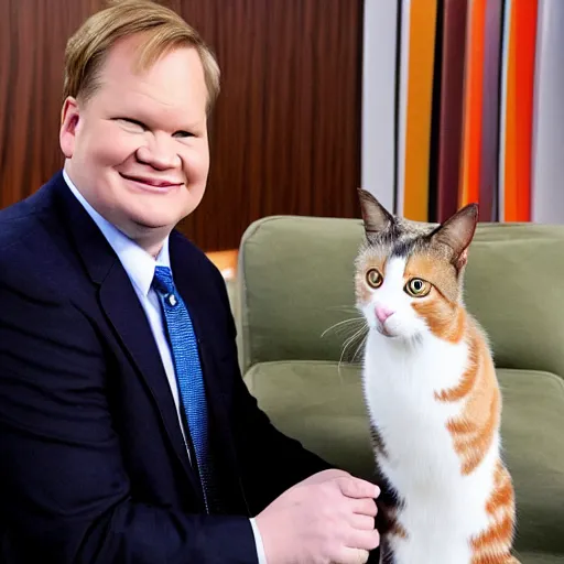 Image similar to Andy Richter wearing a blue dress shirt, necktie, navy dress pants sitting in a chair petting a calico cat