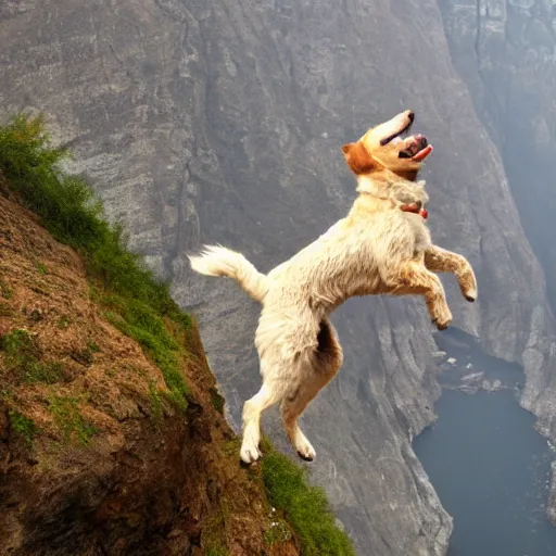 Image similar to a hairy dog jumping from a cliff with a parachute