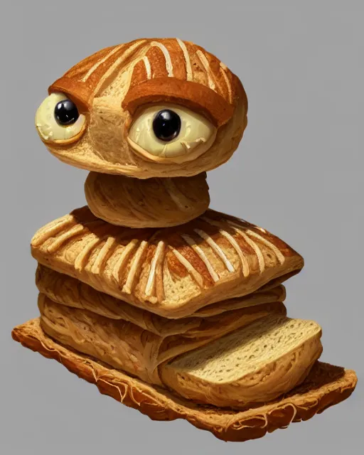 Image similar to detailed creature made of bread, very original, cute and friendly, fantasy house, sitting on the table, high quality, perfect, 8 k high detail, masterpiece, trending on artstation