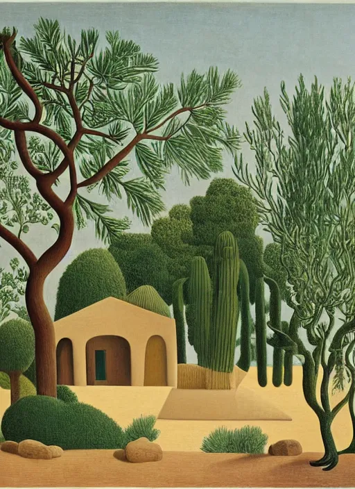 Prompt: A villa in the middle of the desert, fountain, olive trees, ornaments by Henri Rousseau,