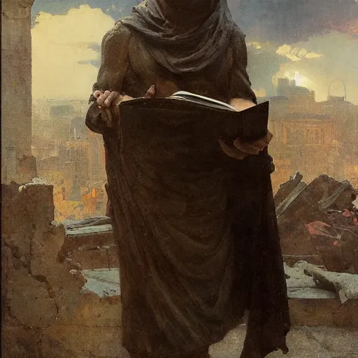 Image similar to half portait of magican wearing a cowl with big old book!, jeremy mann, jean leon gerome, tiepolo, alphonse mucha, greg rutkowski, face in the shadows, ( ( ruins of ancient rome ) ), at dusk, mysterious atmosphere, sunrays, dof, masterpiece, high detailed, 8 k