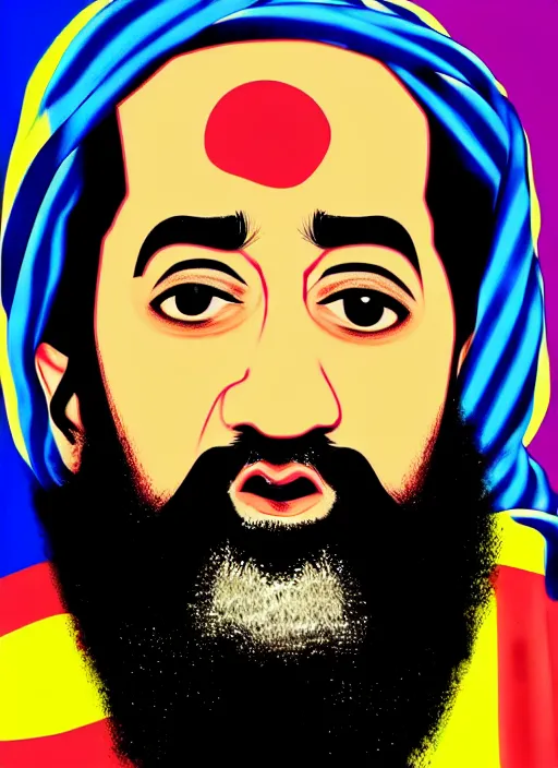 Prompt: nake d bin laden. pop art, no duplicate image, glowing lights, highly detailed, digital painting, artstation, concept art, smooth, sharp focus, illustration, art by richard hamilton and mimmo rottela