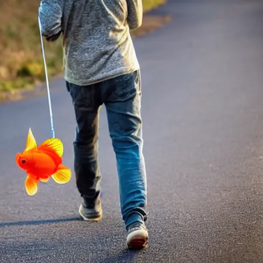 Prompt: a man taking his goldfish for a walk.