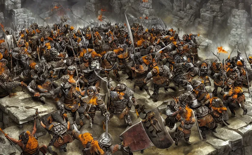 Image similar to diorama of minions fighting orcs in the battle of helm's deep, giant castle walls, realistic, 4 k, detailed