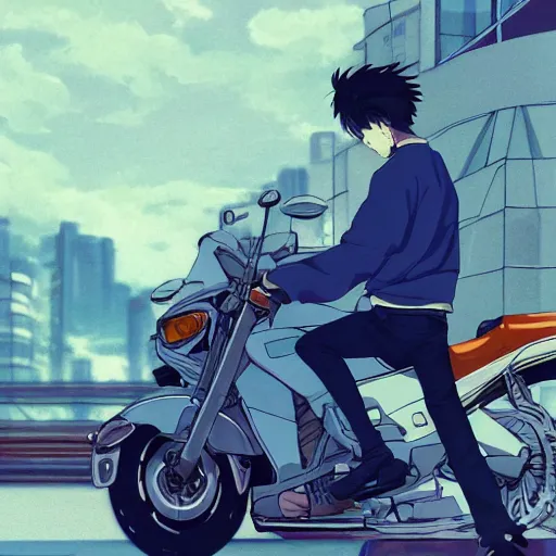 Image similar to close up of a high definition anime guy with short dark blue hair and streetwear clothing riding a white 1993 Mazda Astina 323 HB with armenia quindio in the background, Artwork by Makoto Shinkai, pixiv, 8k, official media, wallpaper, hd