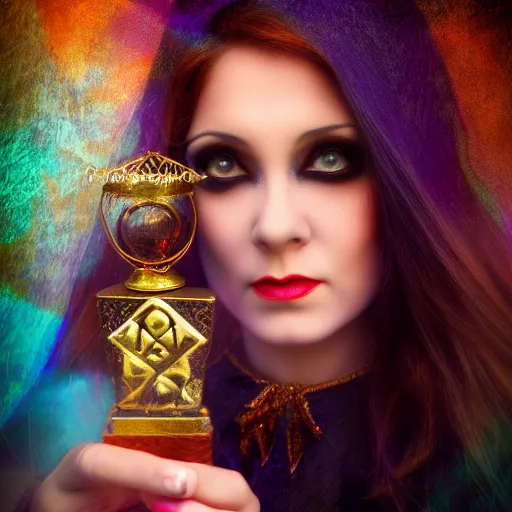 Image similar to a female magician, she occupied herself with magic and sorcery, bewitching the people, mystic, fantasy, magic, award winning photography, hdr, studio lighting medium close shot, mucha style,