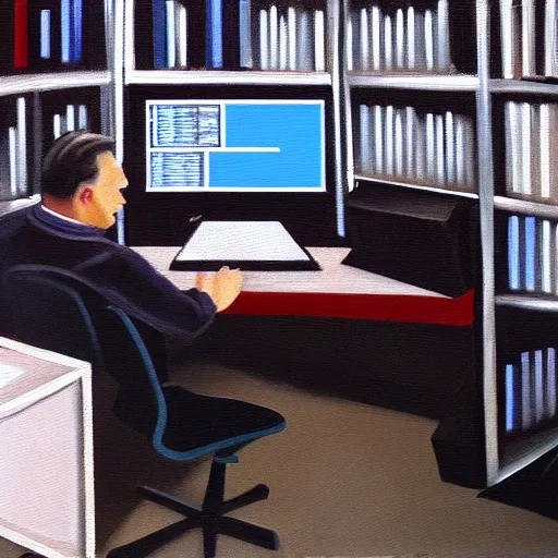 Image similar to viktor orban computer programming in a cubicle, oil painting