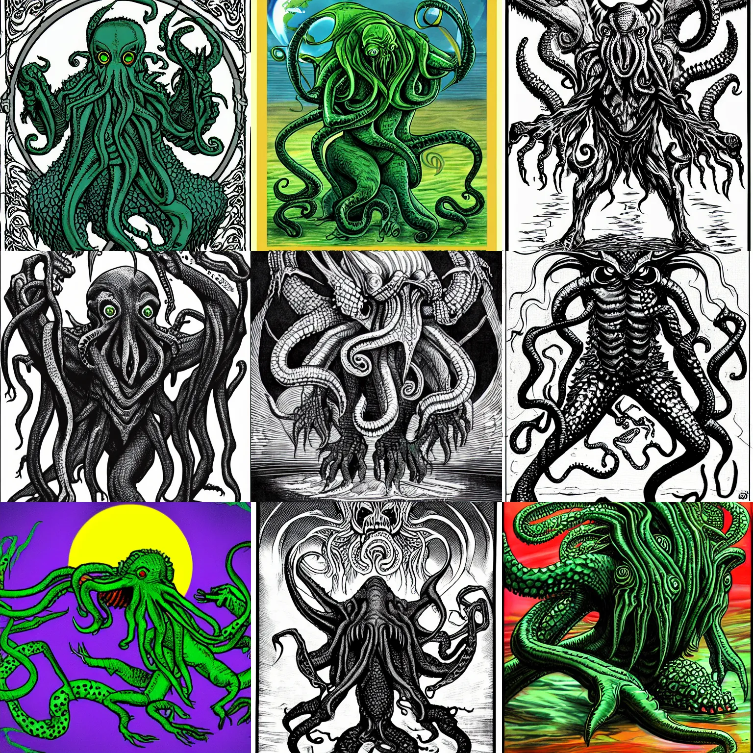 Prompt: cthulhu controlling the world with reptilians, nightmare art style