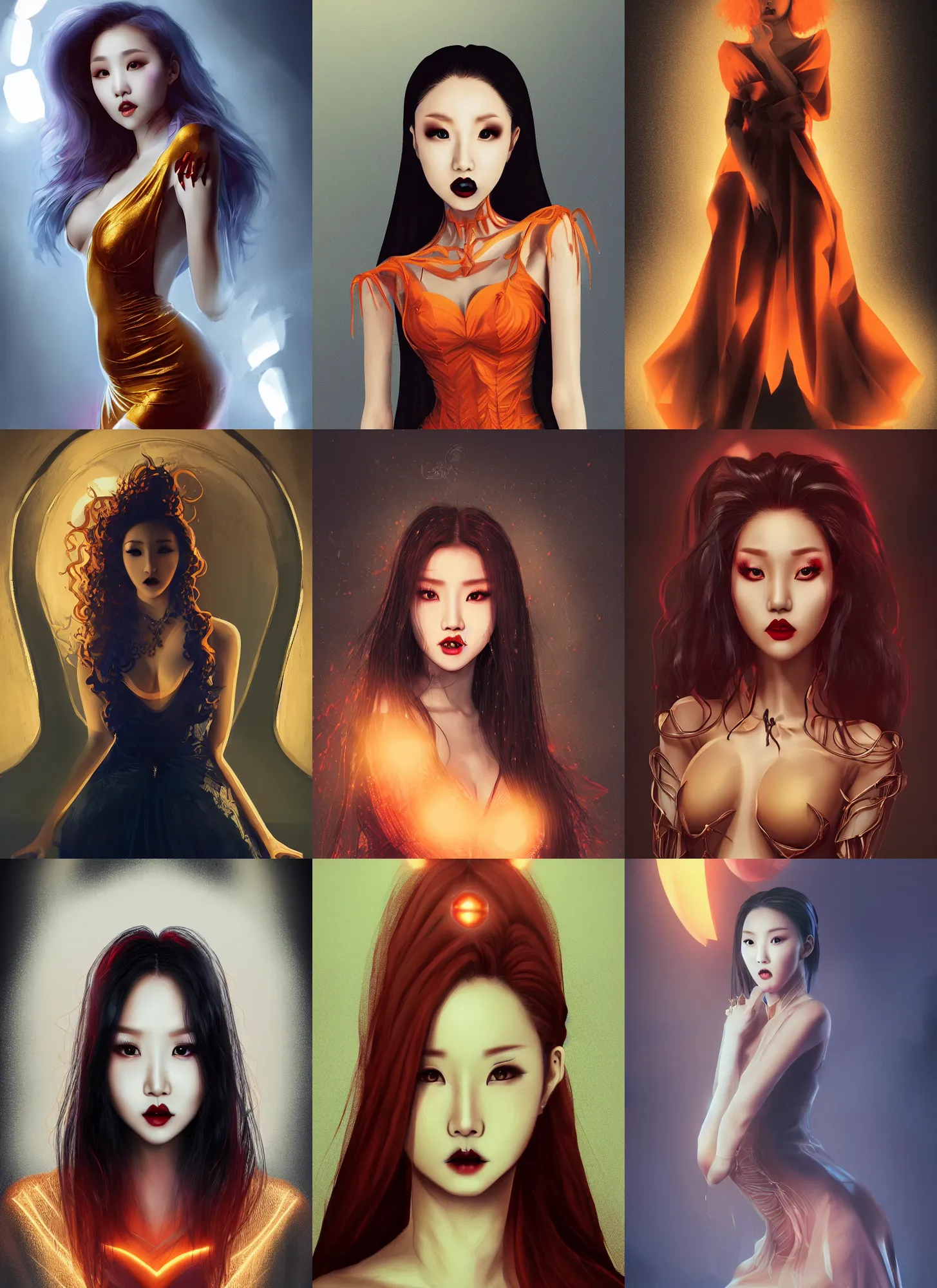 Image similar to hwasa as a vampire. wearing intricate styled dress, semi realism, anime realism, symmetrical face, slim face, appealing, photorealism, uhd, amazing depth, glowing, golden ratio, sakimichan, greg rutowski, volumetric lighting, cinematic lighting, red orange lighting, artstation concept art