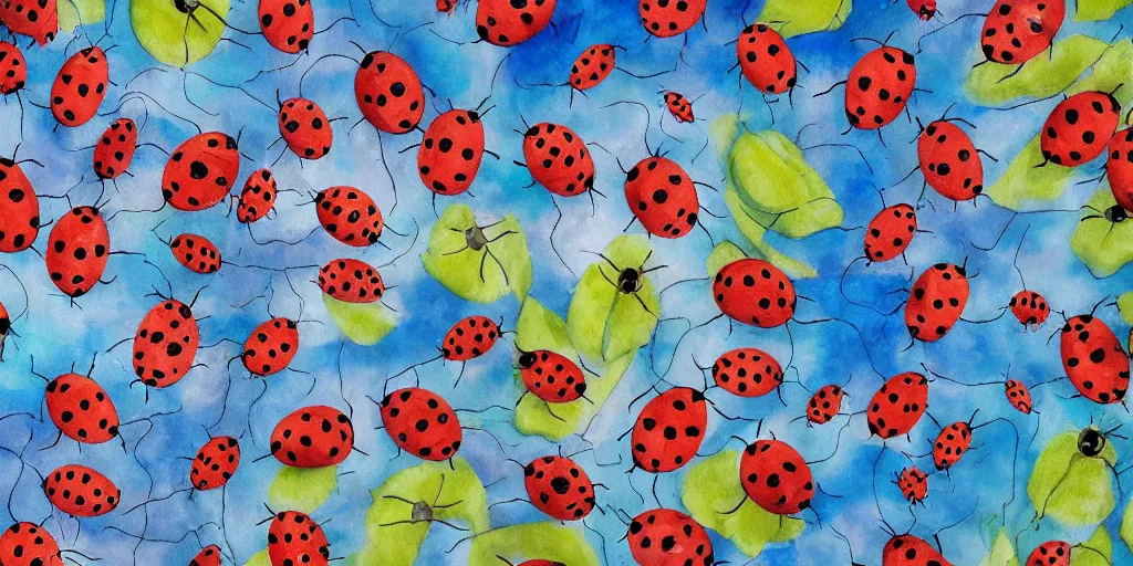 Prompt: shower curtain product catalog. wide - angle photo. on the curtain is a watercolor of the ladybugs battling the forces of evil. the water color has ink under drawing. wide - angle product photography of a shower curtain, product lighting. 4 k, highly detailed. saturated.