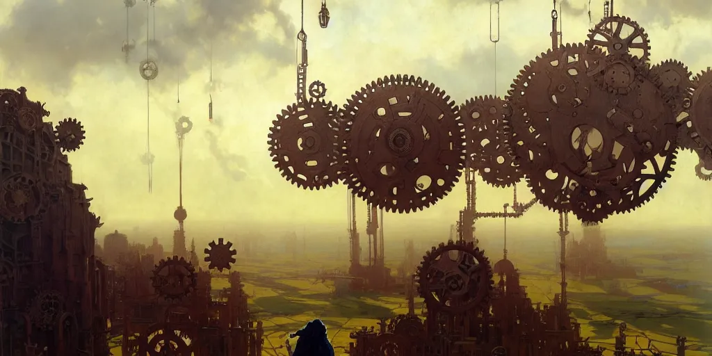 Image similar to giant interlocked gears cogs floating in the sky no people clockwork, giant mechanisms, industry, villages castles, buildings vista artstation illustration sharp focus sunlit vista painted by ruan jia raymond swanland lawrence alma tadema zdzislaw beksinski tom lovell alex malveda greg staples