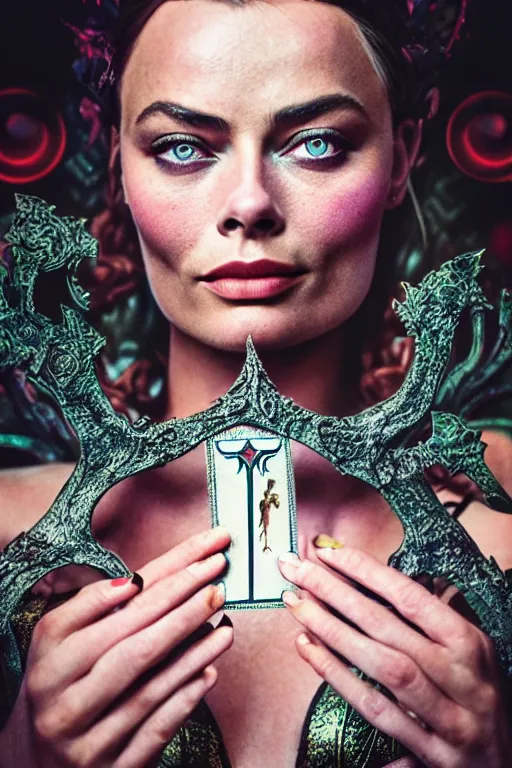 Image similar to Cinestill 50d, 8K, highly detailed, major arcana H.R Giger art nouveau nightmare Agnieszka Lorek tarot star card style 3/4 extreme closeup portrait of margot robbie, eye contact, focus on model, tilt shift background: famous major arcana tarot remake, transformation scene