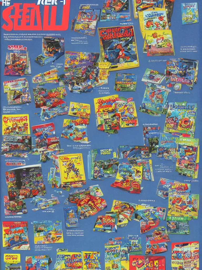 Image similar to the video - games page of the full - color 1 9 8 9 “ sears ” catalog. highly - detailed high - quality scan.