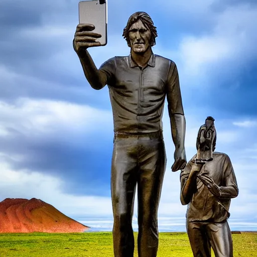 Image similar to roger waters takes selfie with eastern island statue, realistic, hdr, clear image, hdd, dynamic lighting, rtx on,