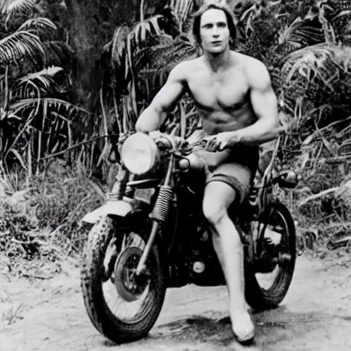 Prompt: photo of tarzan riding a motorbike