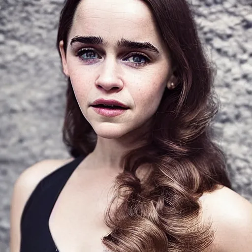 Image similar to a woman who is a genetic combination of emilia clarke and emma watson face and upper - body focus