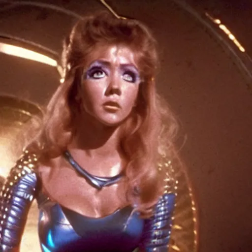 Prompt: kate backinsale as barbarella, queen of the galaxy, still from the movie