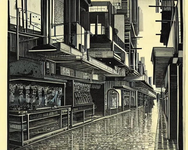 Image similar to street with food stands in a cyberpunk city on a rainy melancholy night by de chirico