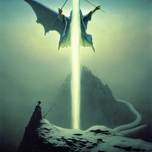 Image similar to The wizard merlin stands with staff on a mountain firing an epic ice beam into a dragon, by Zdzisław Beksiński, trending on artstation, 8k, landscape photo-reality, landscape photo-imagery