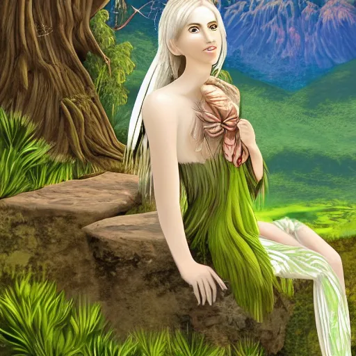 Prompt: prompt beautiful harpy, wearing inka clothes, sitting at a pond, mountainous area, trees in the background, digital art