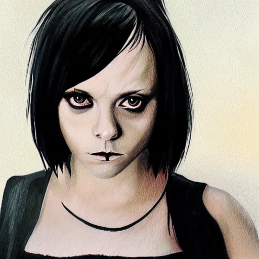 Prompt: emo christina ricci, art by michael miller