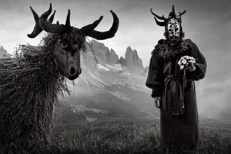 Image similar to portrait of a tyrolean folklore mask, dark, eerie , wearing hay coat, with horns, eerie, flowers growing out of his body, dolomites in the background, detailed intricate insanely detailed octane render, 8k, artistic 1920s photography, vintage photo, black and white, photorealistic, chiaroscuro, by David Cronenberg, Raphael, Caravaggio