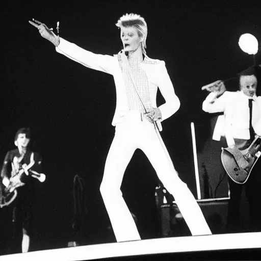 Prompt: David Bowie performs to 1 person in a stadium 1985